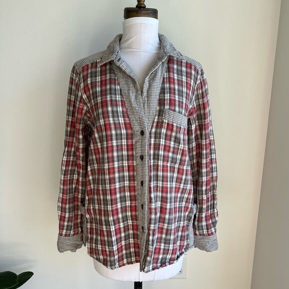 FREE PEOPLE FLANNEL SHIRT RED AND GRAY BUTTON DOWN LINED SIZE S - Picture 1 of 8